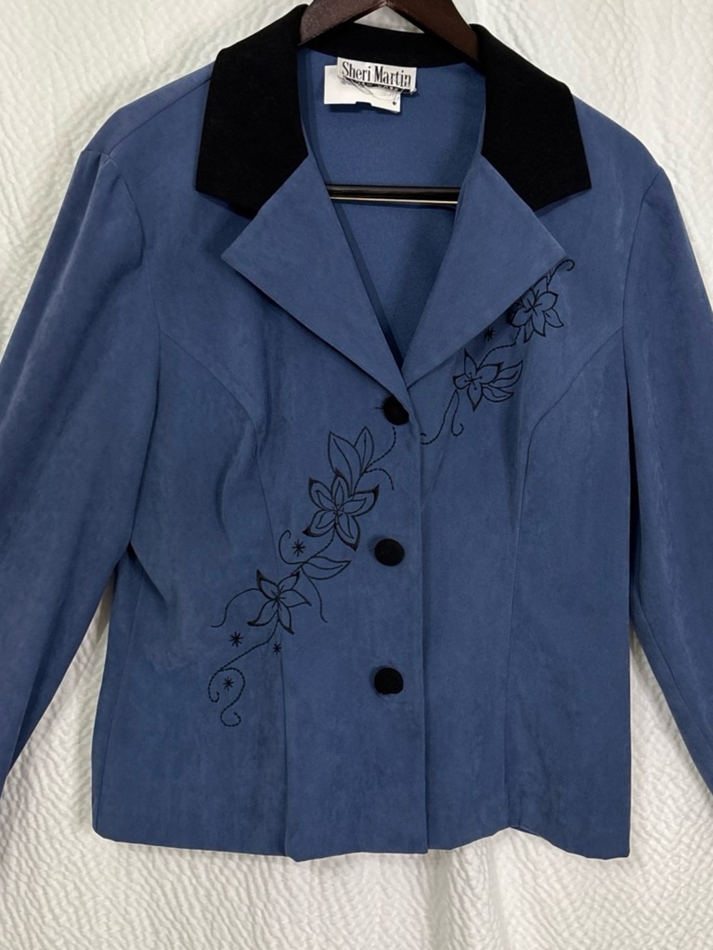 Sheri Martin Blue Suede Blazer with Black Collar